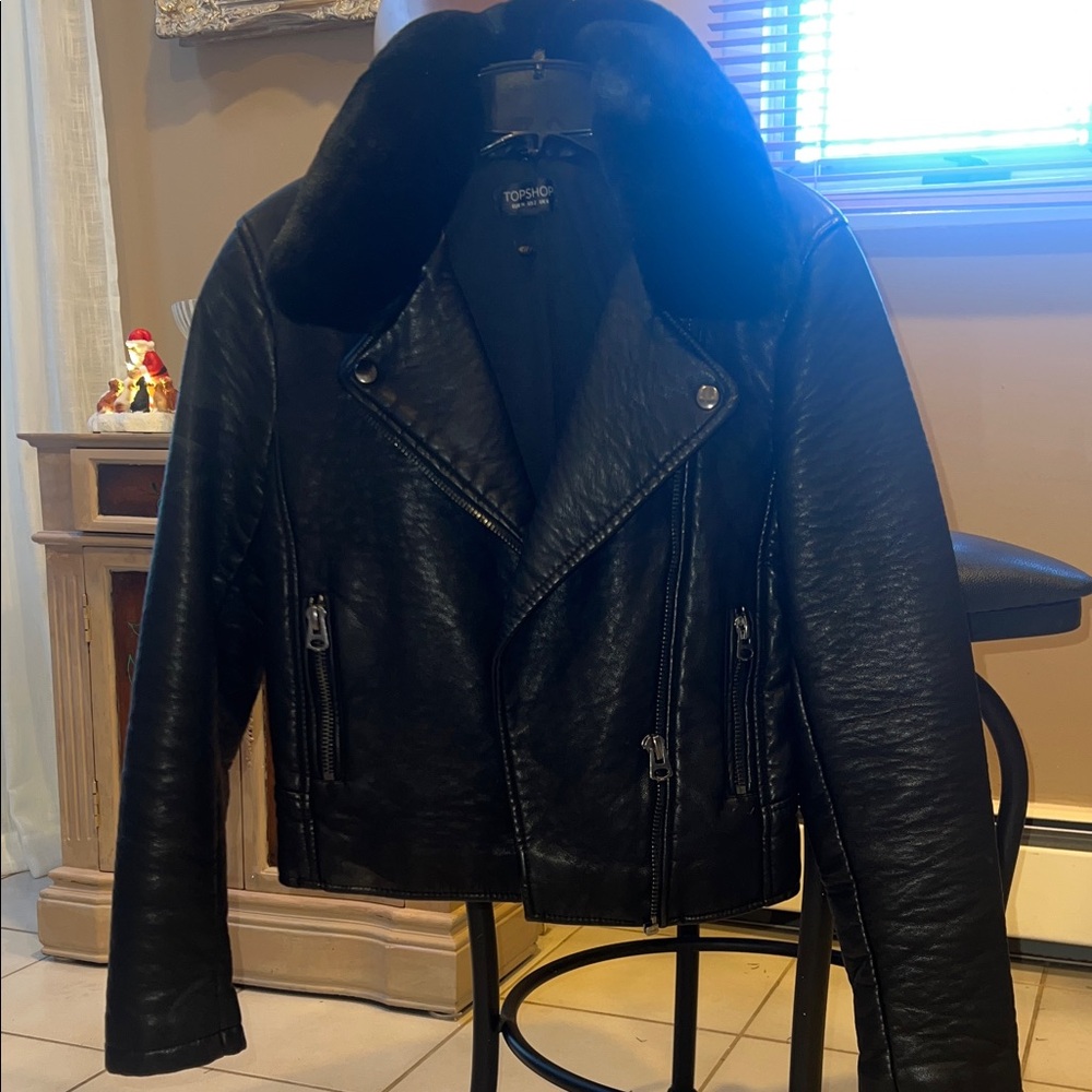 TopShop Black Leather Jacket with detachable Fur collar